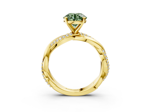 Yellow gold Fancy Green Round  Solitaire Twist Band with Pave Prong Setting