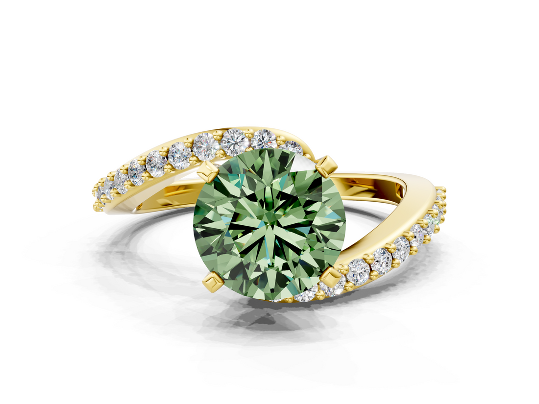 Yellow gold Fancy Green Round  Solitaire Twist Band with Pave Set Diamonds and Four-Prong Setting_126
