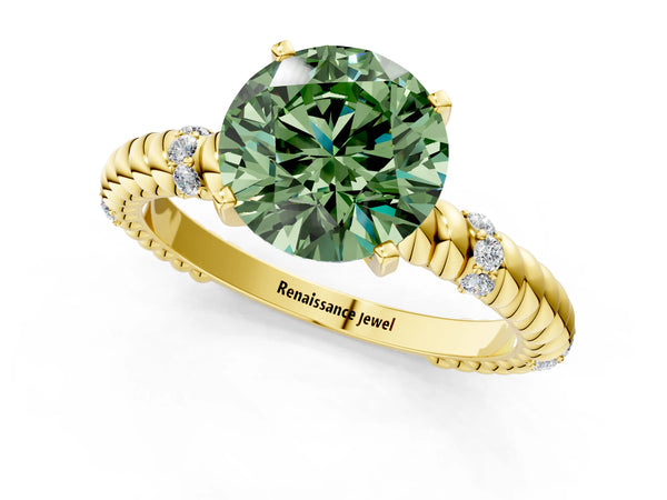 Yellow gold Fancy Green Round  Solitaire Twisted Band Prong Set Engagement Ring