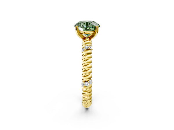 Yellow gold Fancy Green Round  Solitaire Twisted Band Prong Set Engagement Ring