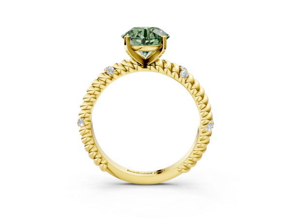 Yellow gold Fancy Green Round  Solitaire Twisted Band Prong Set Engagement Ring