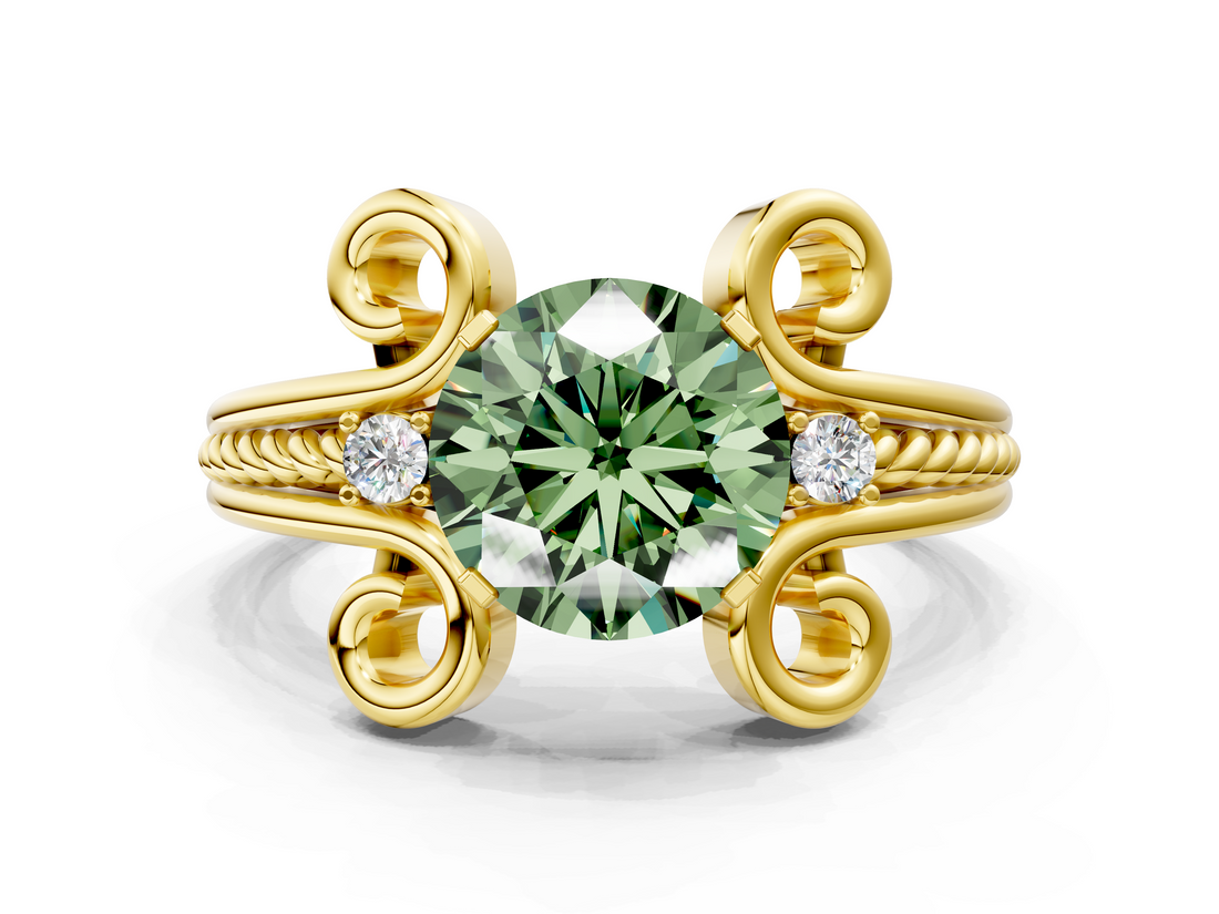 Yellow gold Fancy Green Round  Solitaire Twisted Band Scroll Prong Ring_3