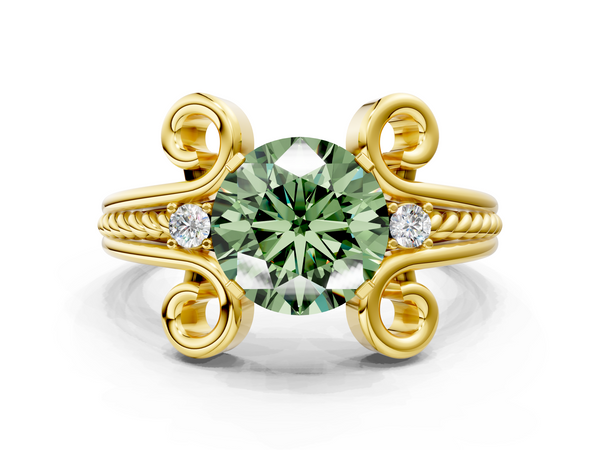 Yellow gold Fancy Green Round  Solitaire Twisted Band Scroll Prong Ring