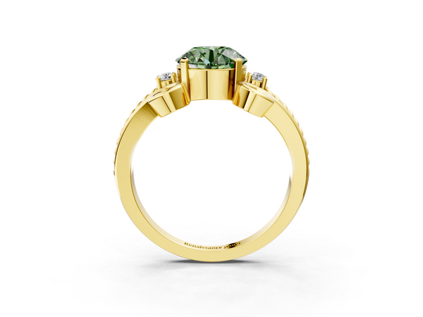 Yellow gold Fancy Green Round  Solitaire Twisted Band Scroll Prong Ring