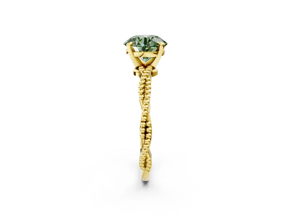 Yellow Gold Round Solitaire Engagement Ring Setting for Fancy Green Center with Beaded Twist Band