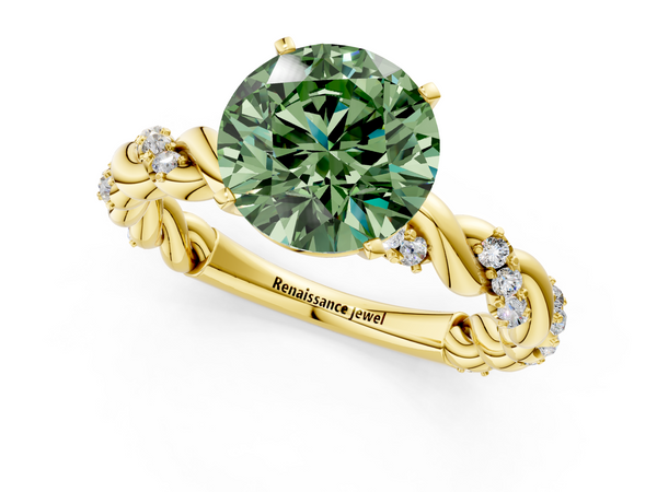 Yellow gold Fancy Green Round Cut Diamond Solitaire Ring with Twisted Band and Pavé Accents
