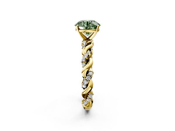 Yellow gold Fancy Green Round Cut Diamond Solitaire Ring with Twisted Band and Pavé Accents