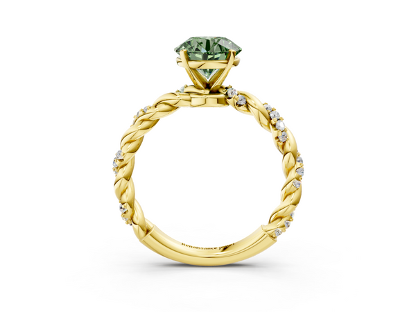 Yellow gold Fancy Green Round Cut Diamond Solitaire Ring with Twisted Band and Pavé Accents