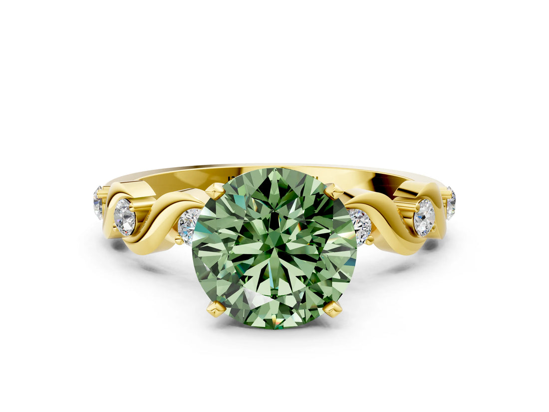 Yellow gold Fancy Green Round  Solitaire Twisted Band with Prong Setting 1