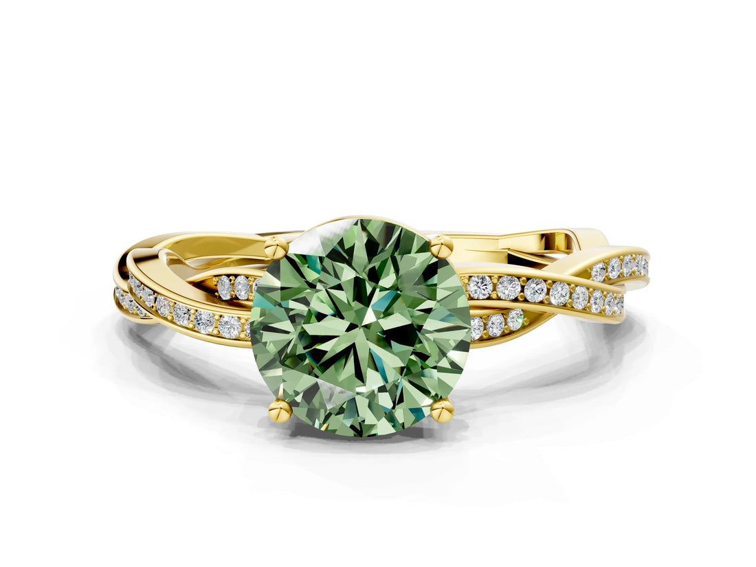 Yellow gold Fancy Green Round  Solitaire Twisted Pave Diamond Ring with Four-Prong Setting_103