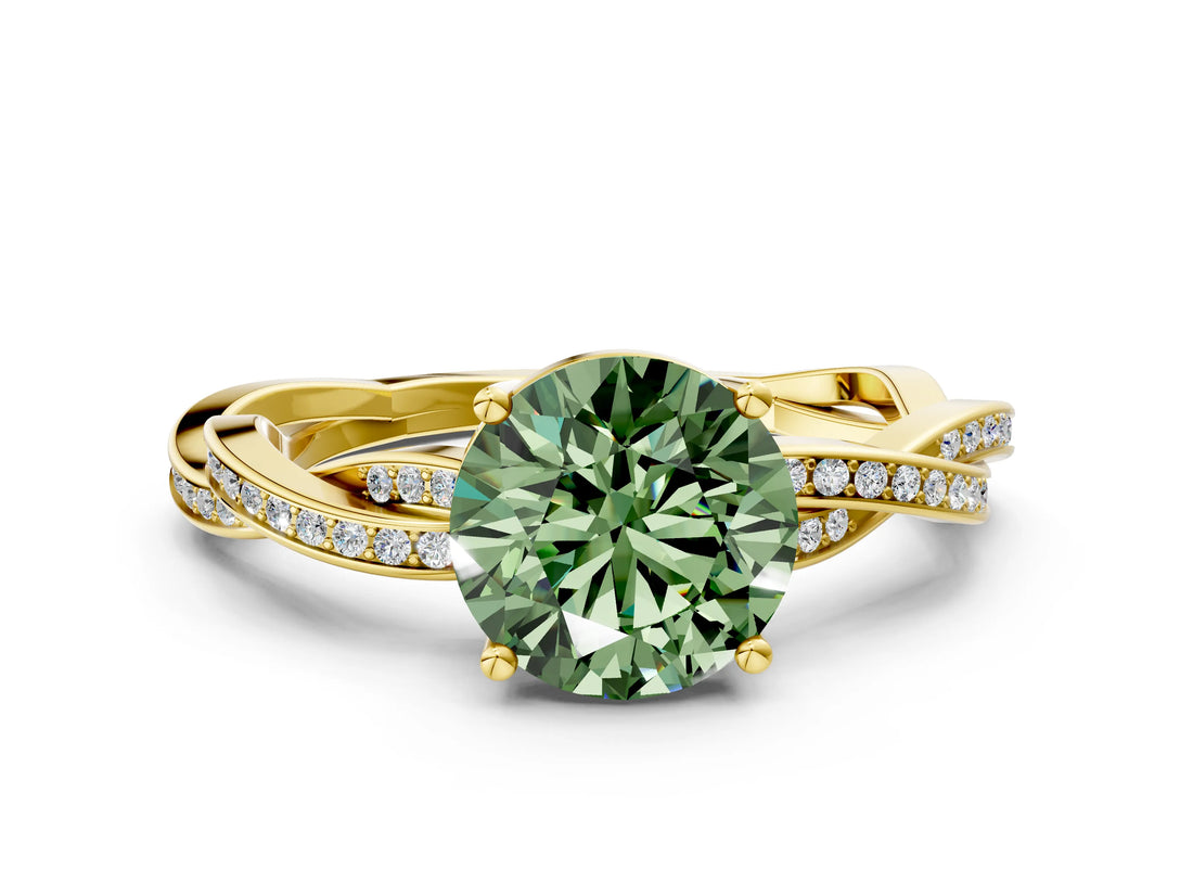 Yellow gold Fancy Green Round  Solitaire Twisted Pave Diamond Ring with Four-Prong Setting_12