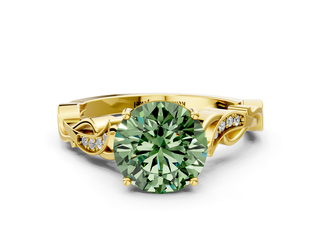 Yellow gold Fancy Green Round  Solitaire Vine Band with Milgrain Prong Setting_3