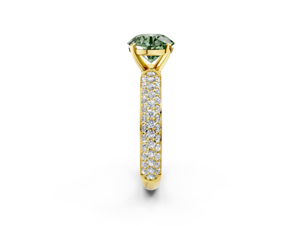 Yellow gold Fancy Green Round  Diamond Solitaire Ring with Prong Setting and Pavé Band