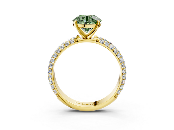 Yellow gold Fancy Green Round  Diamond Solitaire Ring with Prong Setting and Pavé Band