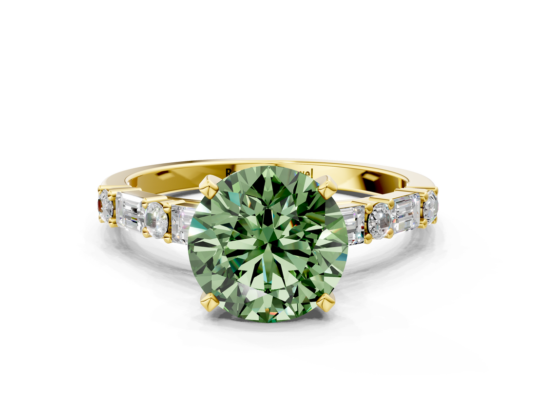 Yellow gold Fancy Green Round  Solitaire with Side Baguettes and Channel Set Band_44
