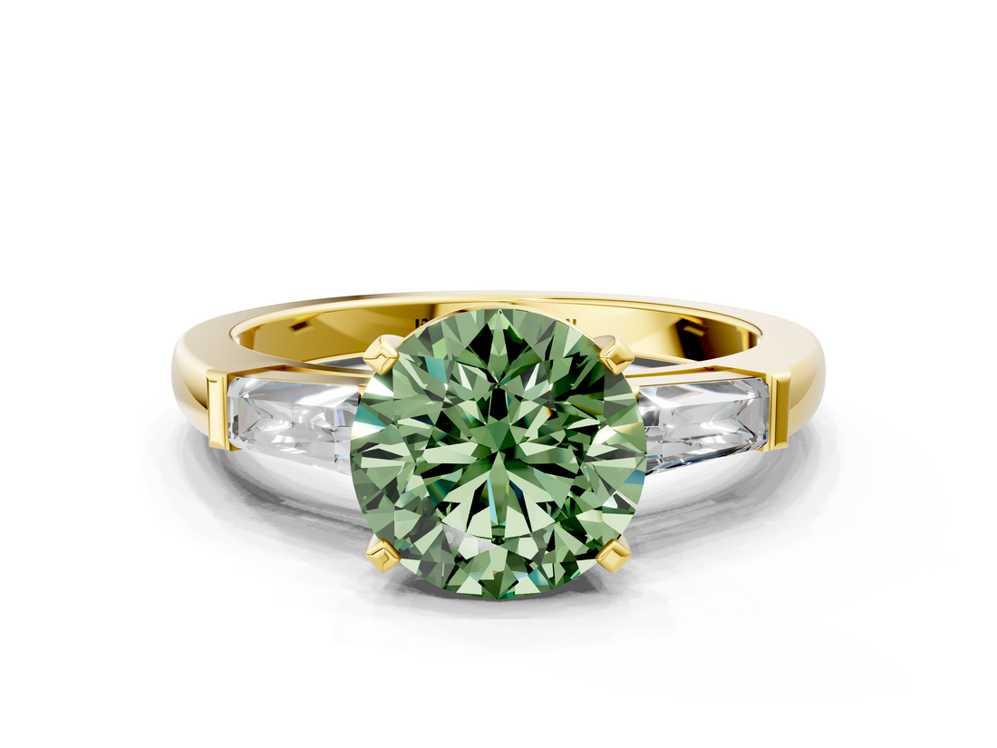 Yellow gold Fancy Green Round  Solitaire with Tapered Baguette Side Stones on a Classic Band with Four-Prong Setting_70