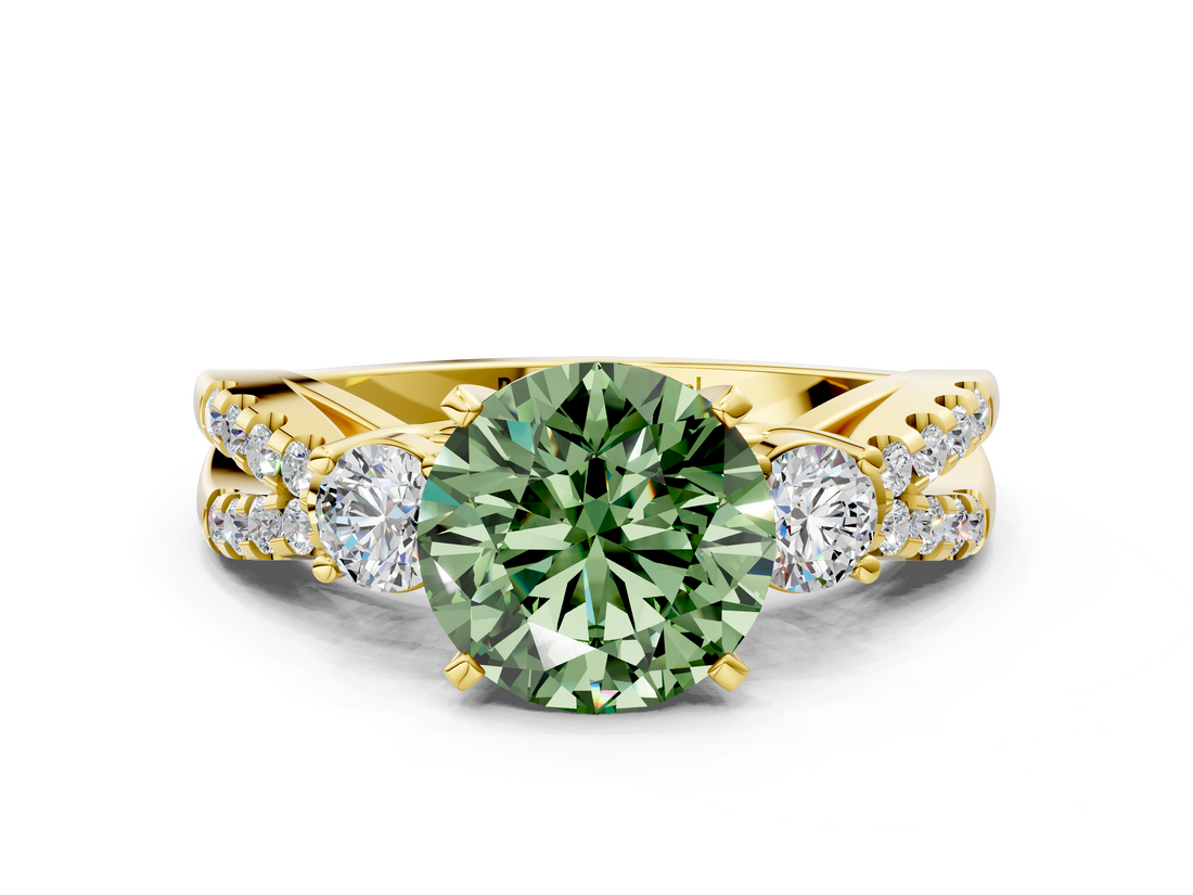 Yellow gold Fancy Green Round  Three-Stone Diamond Ring with Pavé Split Shank and Four-Prong Setting_82