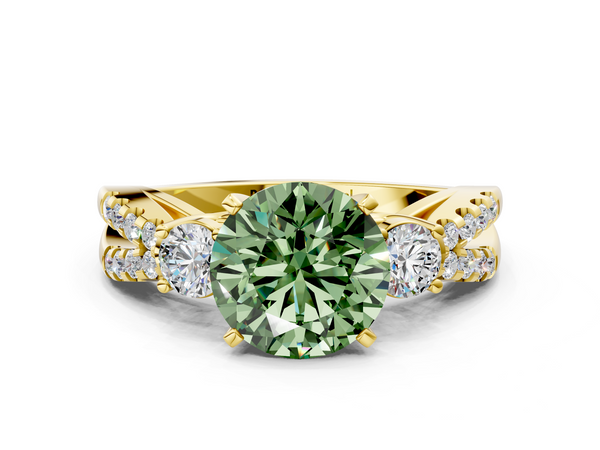 Yellow gold Fancy Green Round Cut Diamond Three-Stone Ring with Pavé Split Shank and Four-Prong Setting