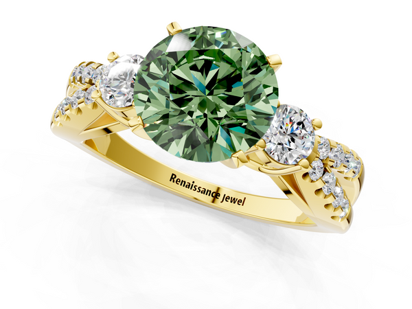 Yellow gold Fancy Green Round Cut Diamond Three-Stone Ring with Pavé Split Shank and Four-Prong Setting