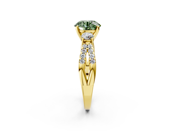 Yellow gold Fancy Green Round Cut Diamond Three-Stone Ring with Pavé Split Shank and Four-Prong Setting