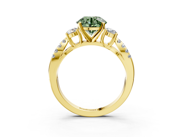 Yellow gold Fancy Green Round Cut Diamond Three-Stone Ring with Pavé Split Shank and Four-Prong Setting