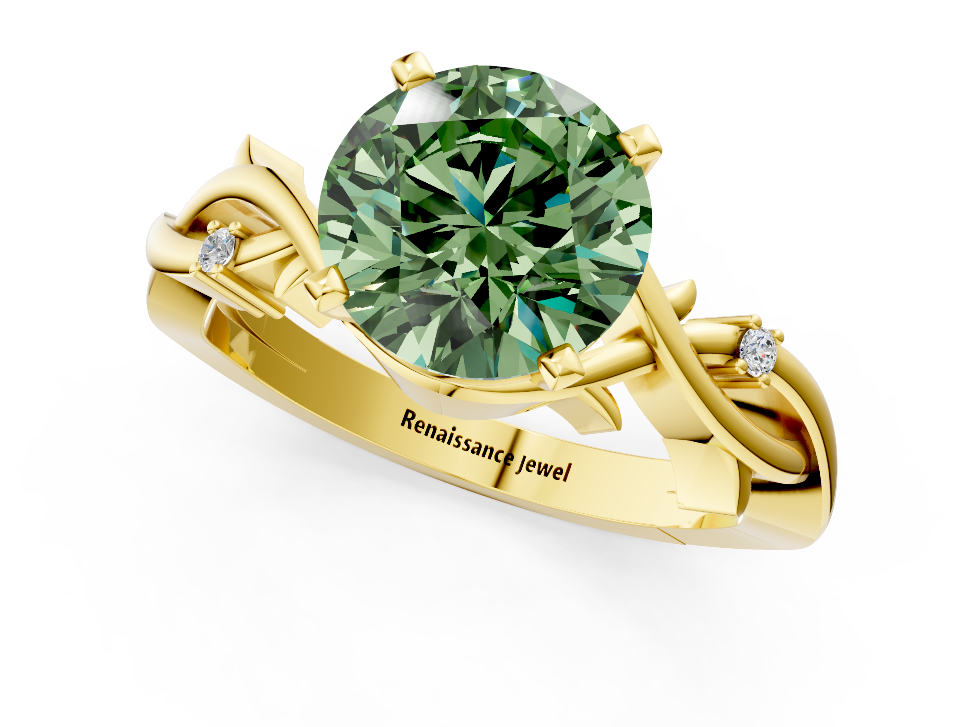 Yellow gold Fancy Green Round cut Solitaire Twisted Band Prong Setting Ring_189