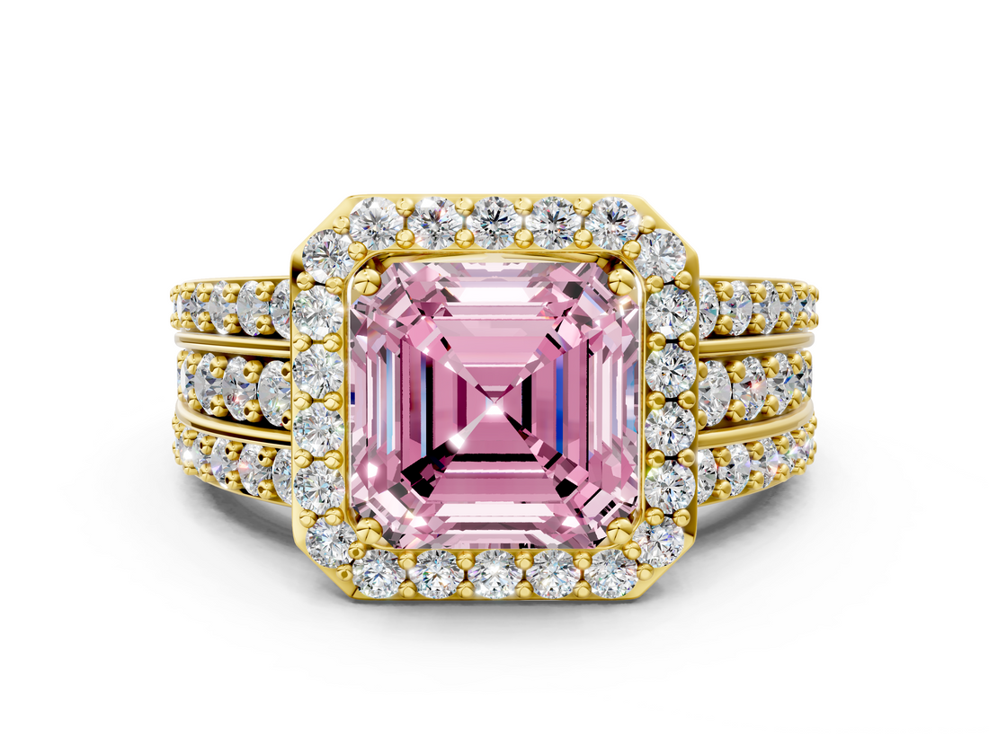 Yellow gold Fancy Pink Asscher -Cut Halo Diamond Ring with Split Shank and Four-Prong Setting_51