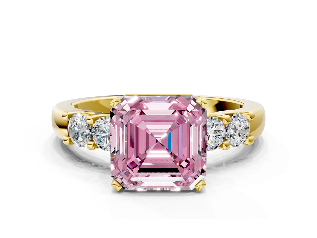 Yellow gold Fancy Pink Asscher  Brilliant Cut Diamond Five-Stone Prong Set Engagement Ring with Channel Band_18