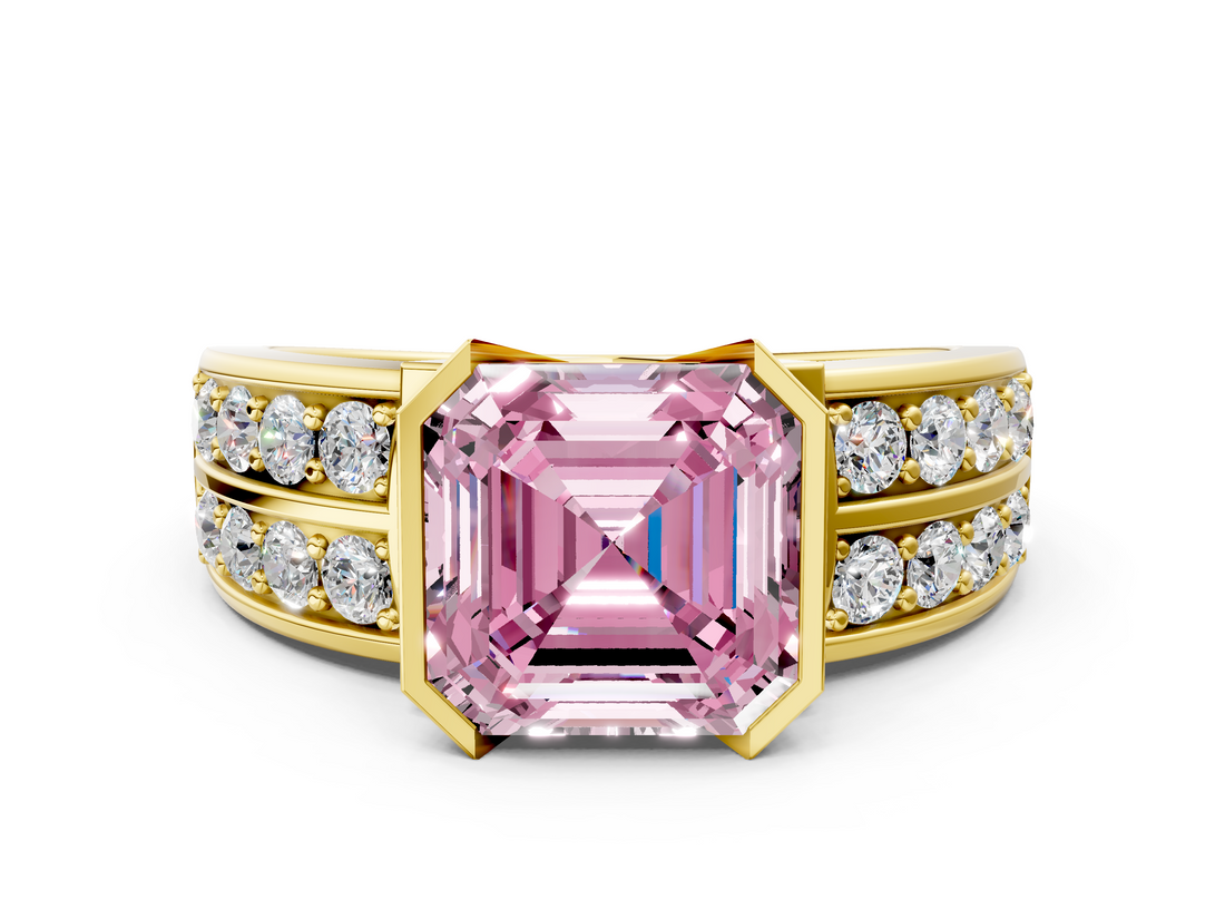 Yellow gold Fancy Pink Asscher  Brilliant Diamond Channel Set Wide Band Ring with Bezel Setting