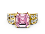 Yellow gold Fancy Pink Asscher  Brilliant Diamond Channel Set Wide Band Ring with Bezel Setting