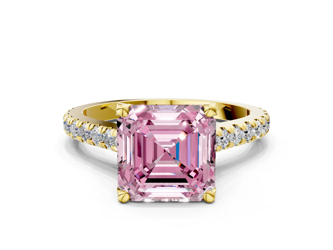Yellow gold Fancy Pink Asscher  Brilliant Diamond Solitaire with Pavé Band and Four-Prong Setting 1