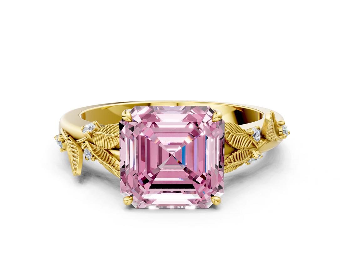 Yellow gold Fancy Pink Asscher  Brilliant Solitaire with Leaf Motif Band and Four-Prong Setting