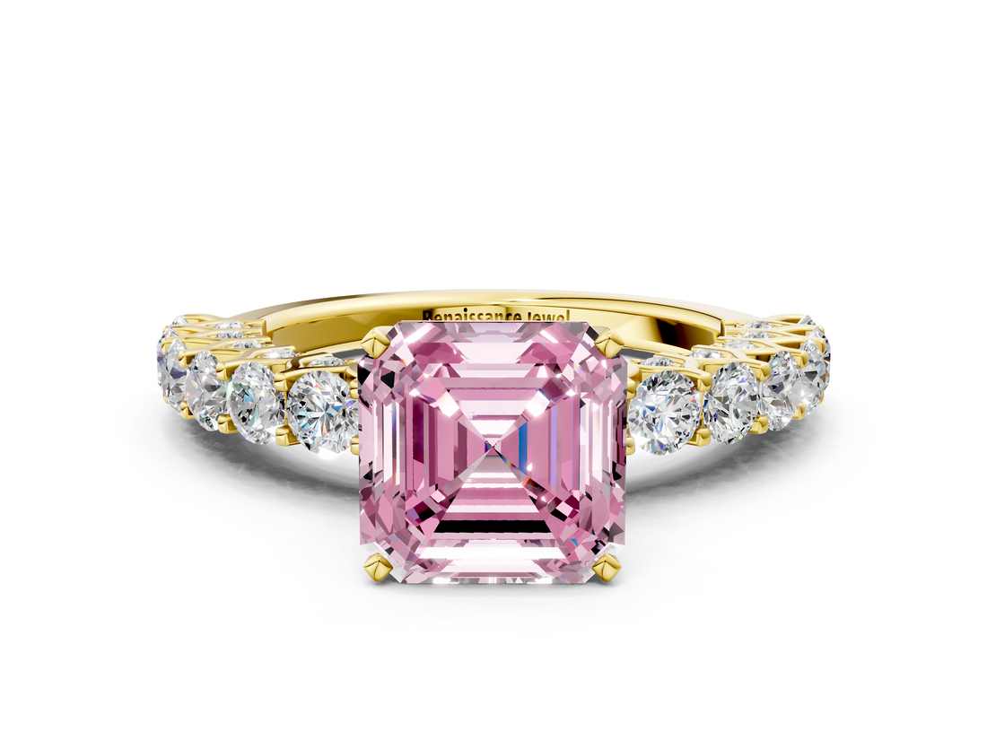 Yellow gold Fancy Pink Asscher  Brilliant Solitaire with Pavé Band and Four-Prong Setting