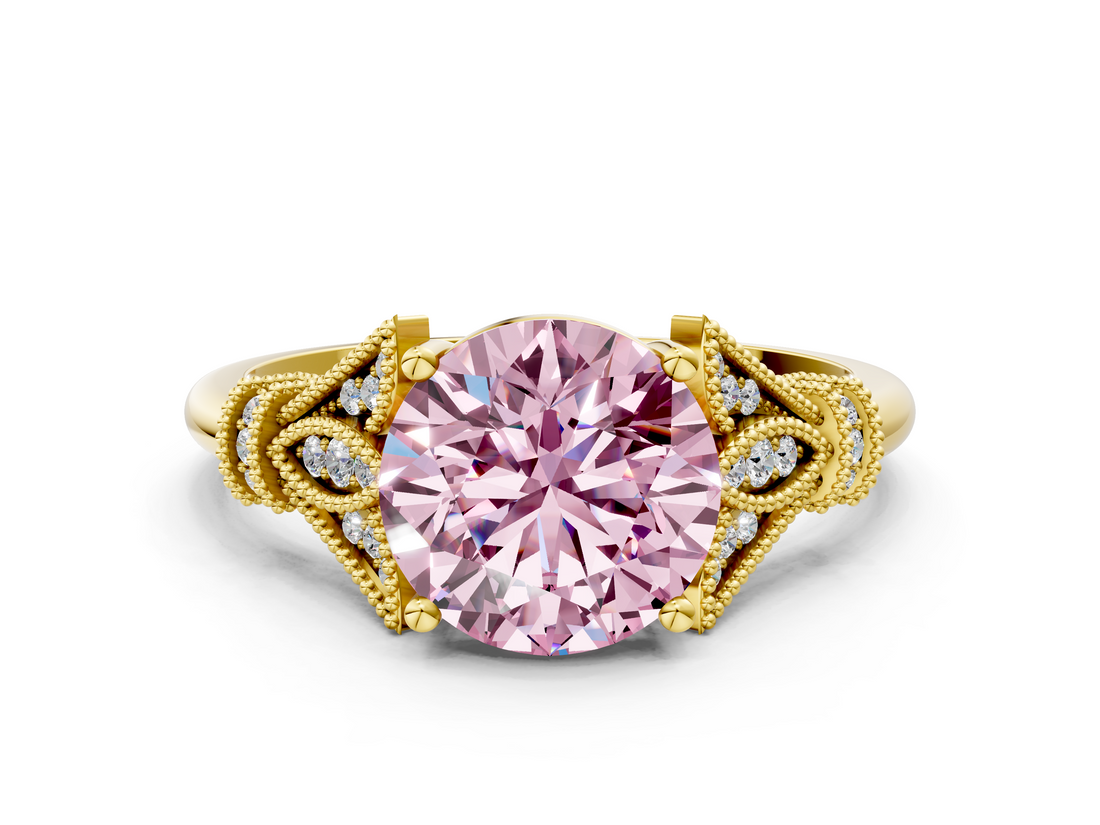 Yellow gold Fancy Pink Asscher  Brilliant Solitaire with Pave Band and Four-Prong Setting