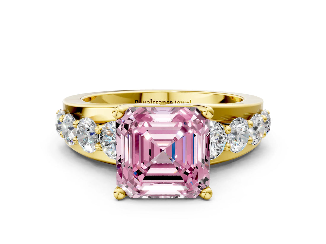 Yellow gold Fancy Pink Asscher  Brilliant Solitaire with Side Stones on a Pave Band and Four-Prong Setting_24