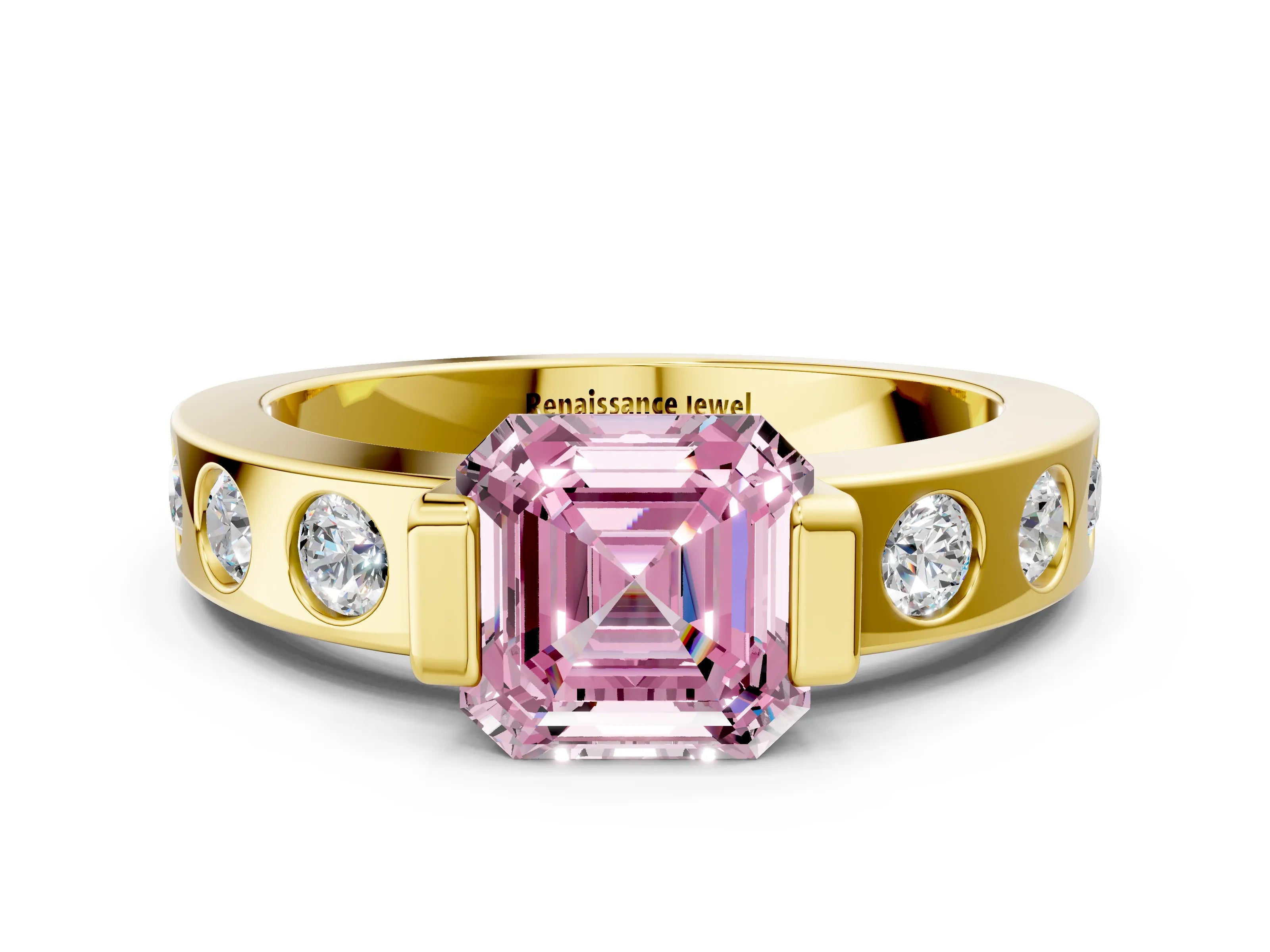 Yellow gold Fancy Pink Asscher Cut Brilliant Channel-Set Diamond Ring with Bezel Prong Setting