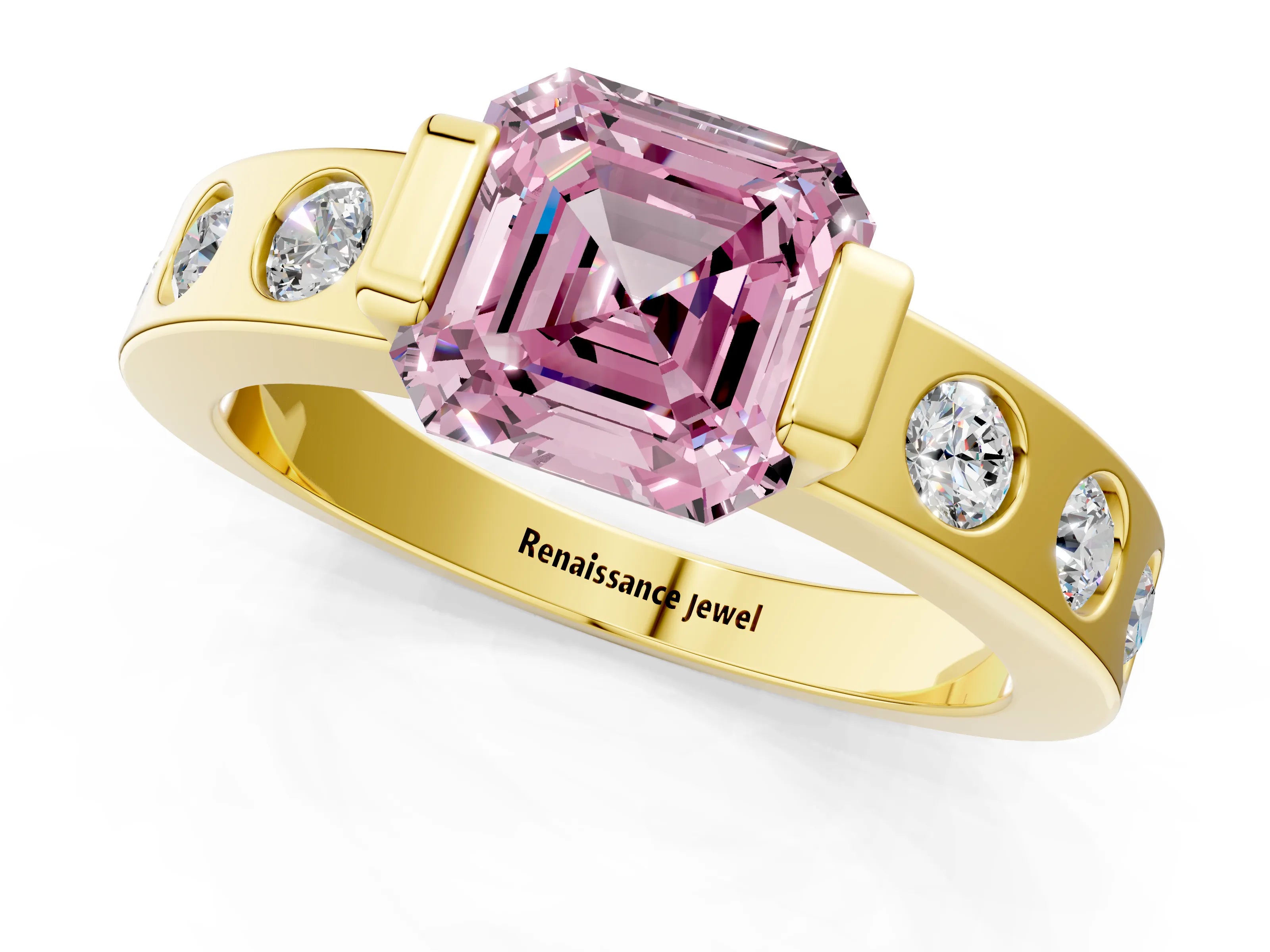 Yellow gold Fancy Pink Asscher Cut Brilliant Channel-Set Diamond Ring with Bezel Prong Setting_1