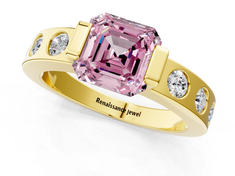 Yellow gold Fancy Pink Asscher Cut Brilliant Channel-Set Diamond Ring with Bezel Prong Setting_1