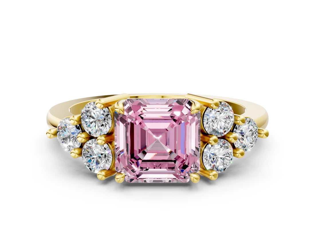 Yellow gold Fancy Pink Asscher Cut Brilliant Diamond Cluster Accent Solitaire Ring with Prong Setting