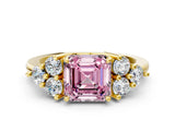 Yellow gold Fancy Pink Asscher Cut Brilliant Diamond Cluster Accent Solitaire Ring with Prong Setting