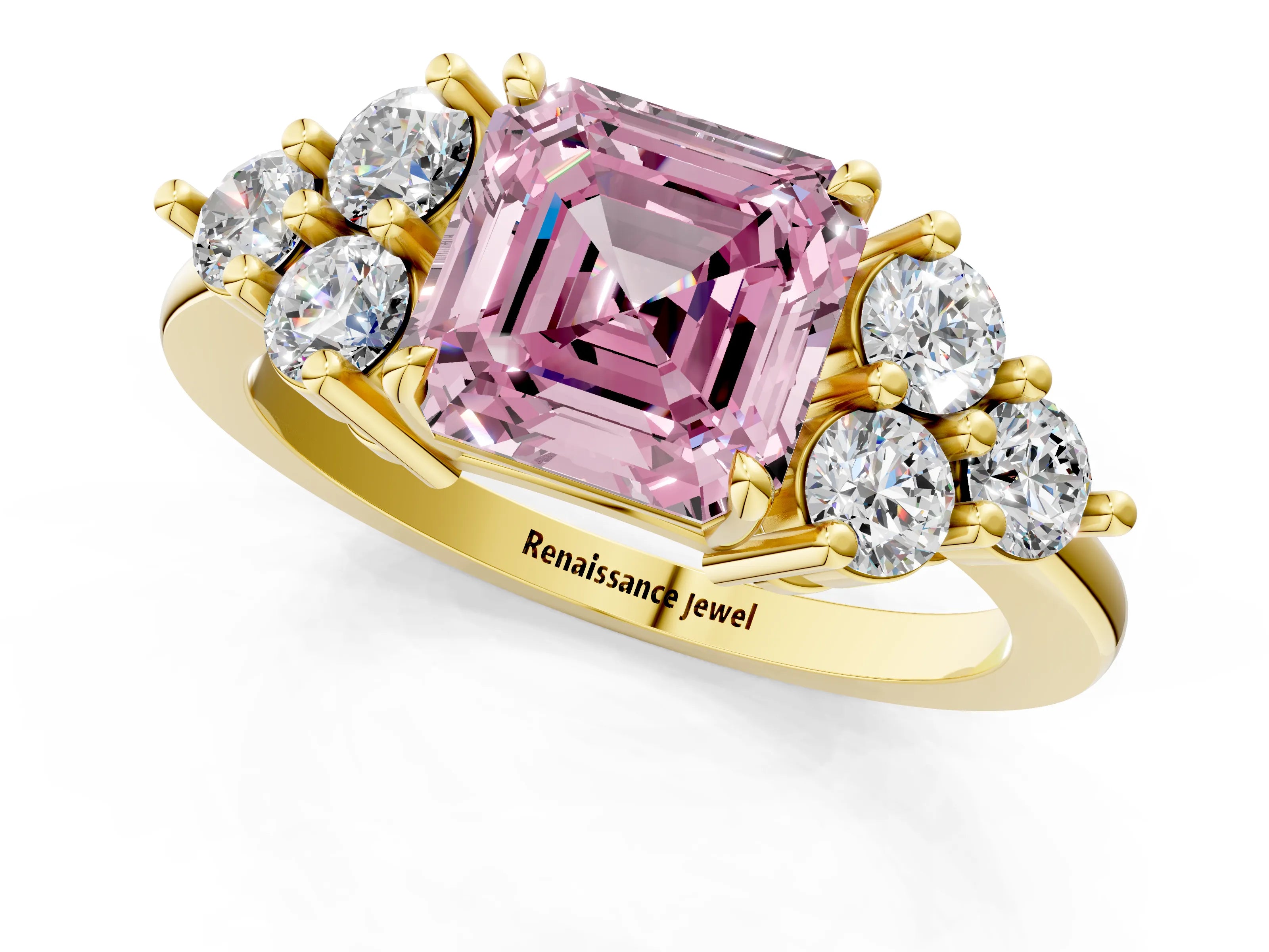 Yellow gold Fancy Pink Asscher Cut Brilliant Diamond Cluster Accent Solitaire Ring with Prong Setting_1