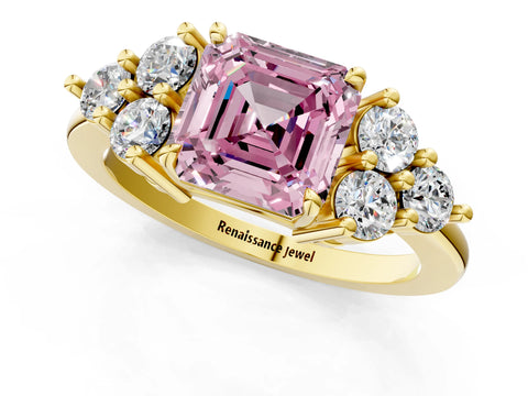 Yellow gold Fancy Pink Asscher Cut Brilliant Diamond Cluster Accent Solitaire Ring with Prong Setting_1