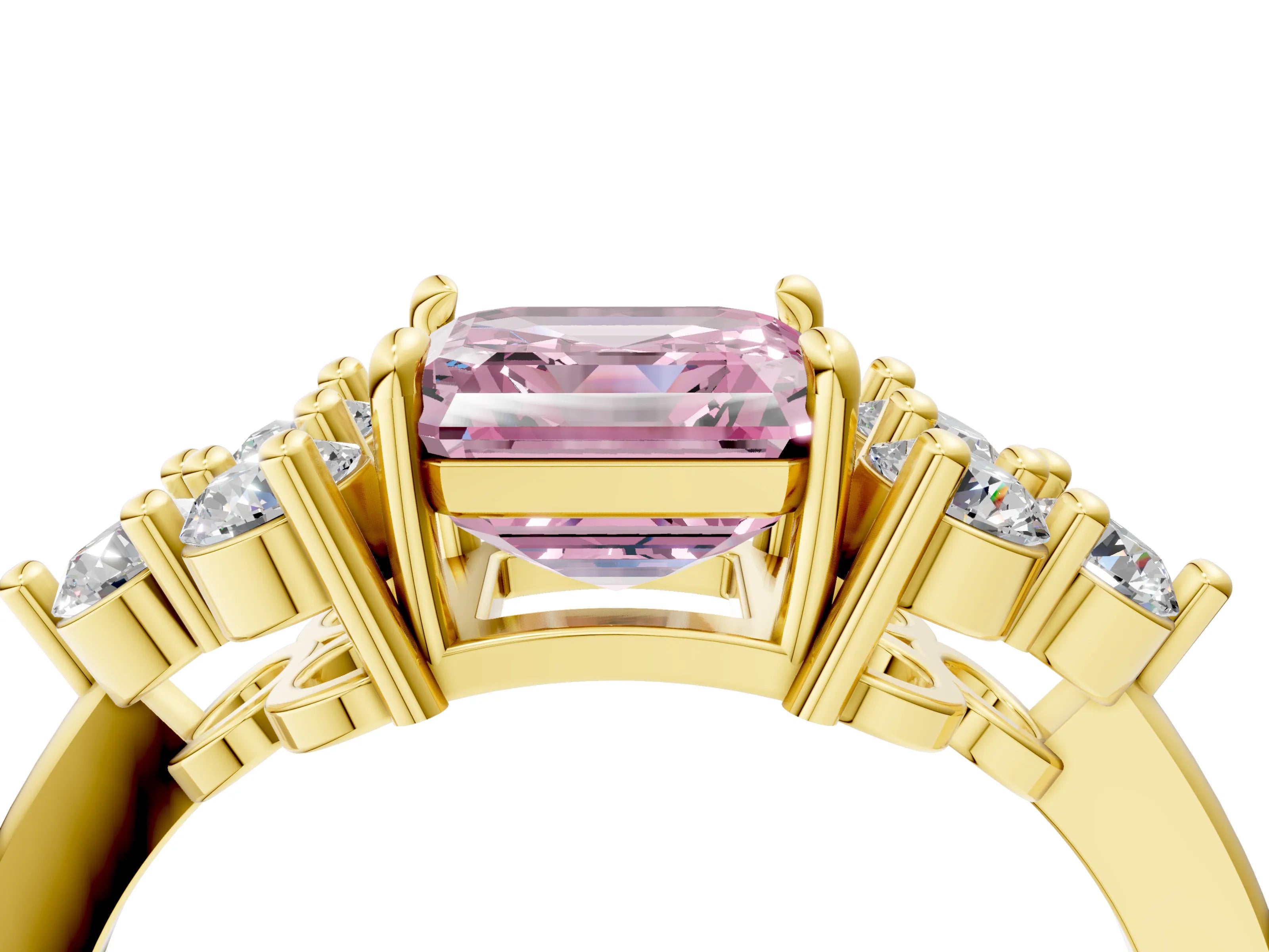 Yellow gold Fancy Pink Asscher Cut Brilliant Diamond Cluster Accent Solitaire Ring with Prong Setting_4