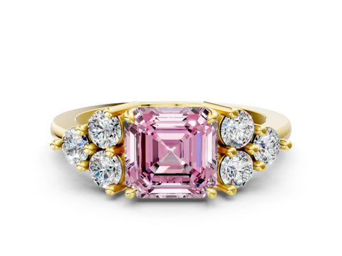Yellow gold Fancy Pink Asscher Cut Brilliant Diamond Cluster Accent Solitaire Ring with Prong Setting