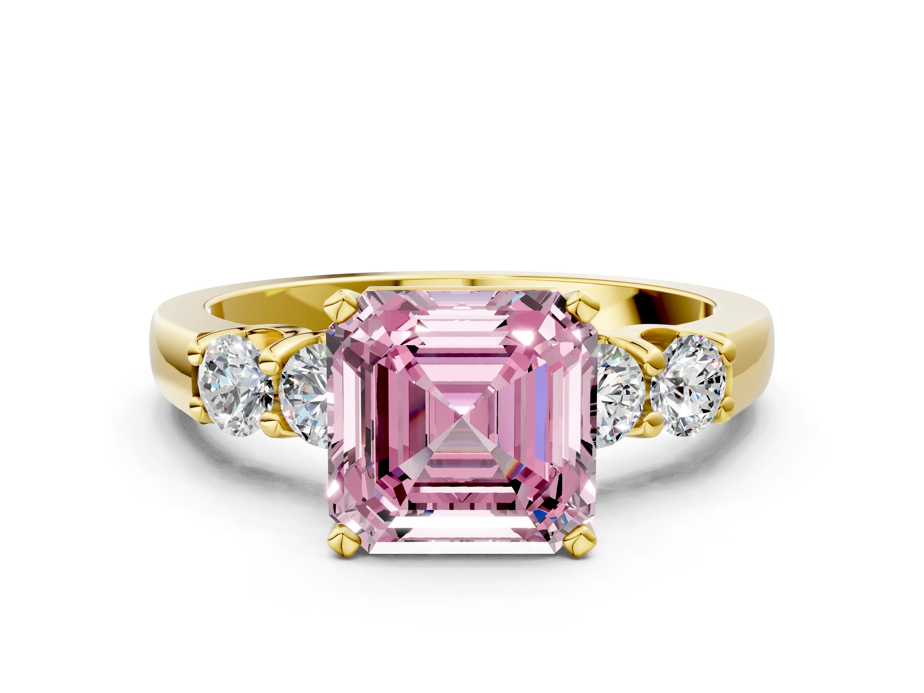 Yellow gold Fancy Pink Asscher Cut Brilliant Diamond Five-Stone Engagement Ring with Prong Setting on a Classic Band_3