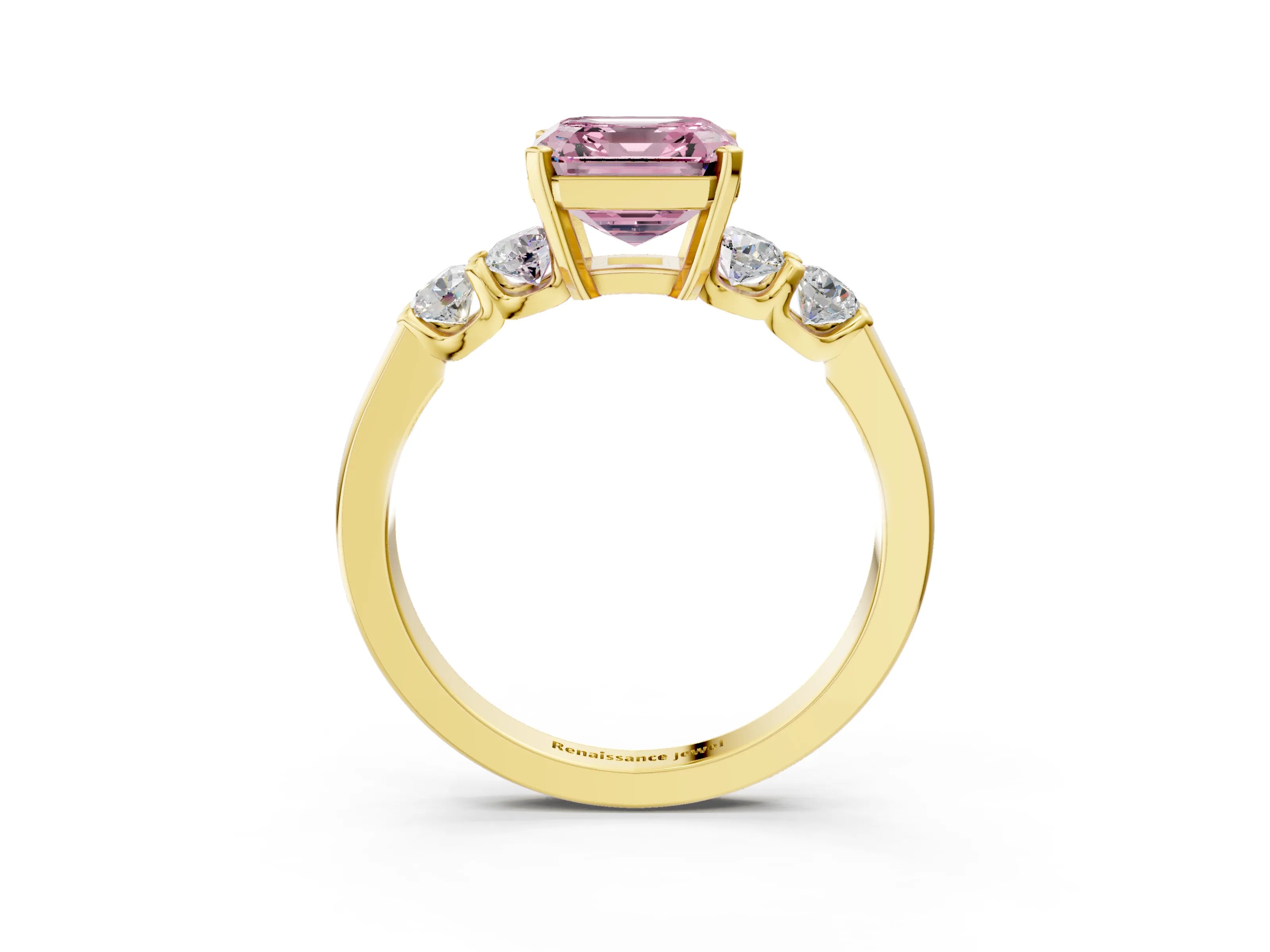 Yellow gold Fancy Pink Asscher Cut Brilliant Diamond Five-Stone Engagement Ring with Prong Setting on a Classic Band_6