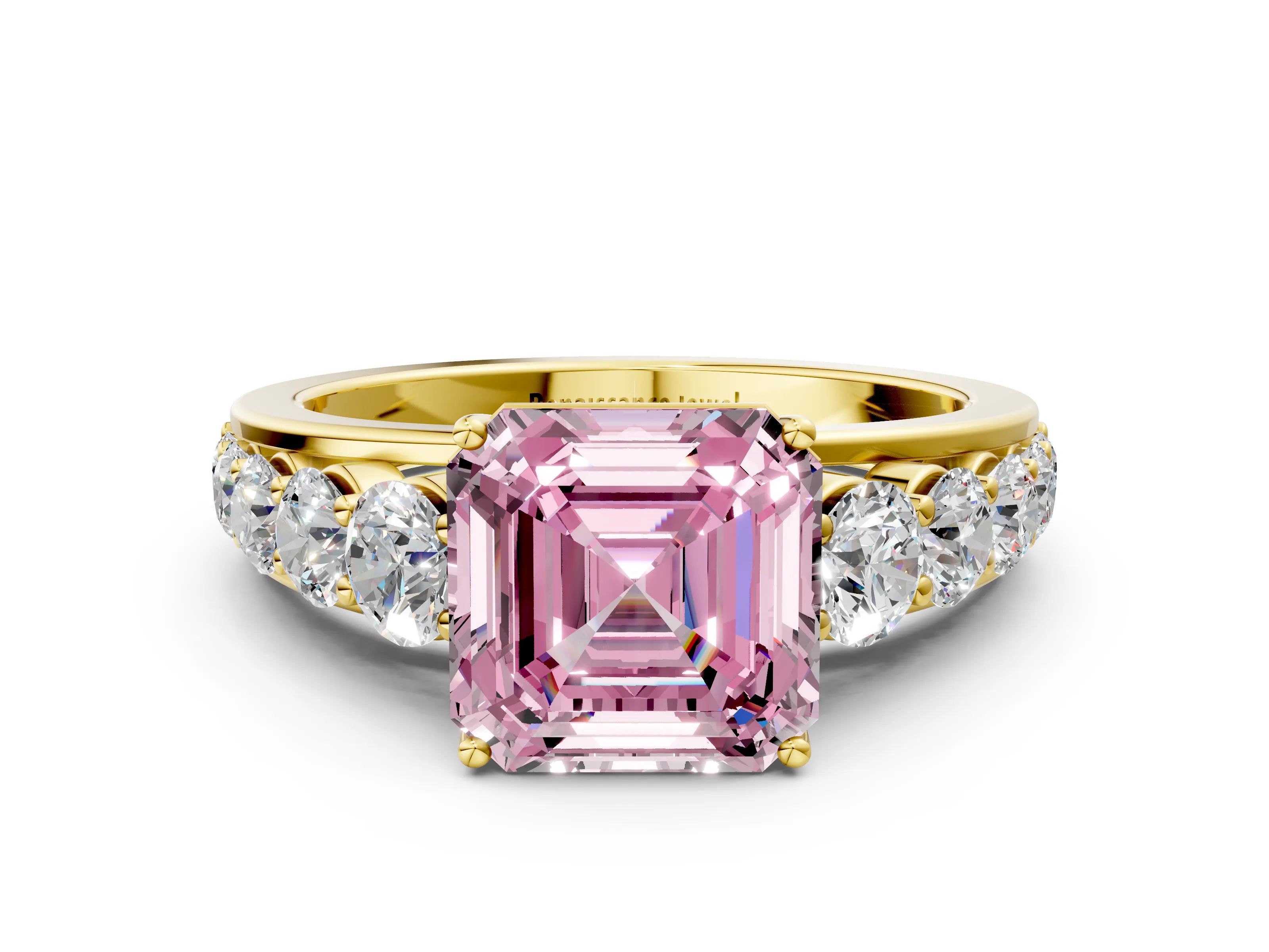 Yellow gold Fancy Pink Asscher Cut Brilliant Diamond Pavé Band with Six-Prong Setting