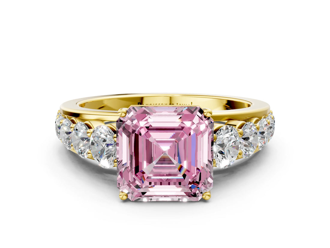 Yellow gold Fancy Pink Asscher Cut Brilliant Diamond Pavé Band with Six-Prong Setting_12