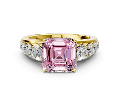 Yellow gold Fancy Pink Asscher Cut Brilliant Diamond Pavé Band with Six-Prong Setting