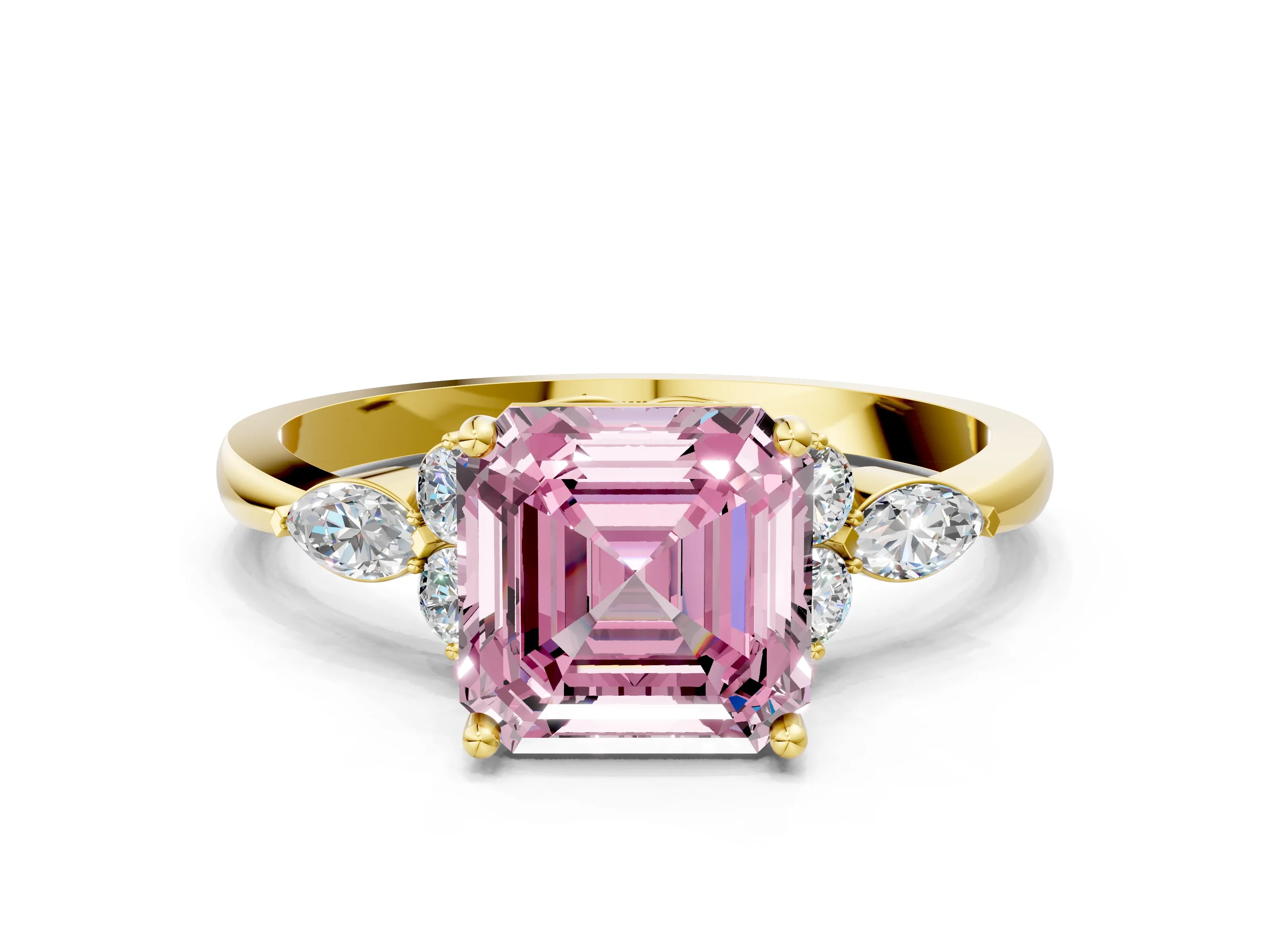 Yellow gold Fancy Pink Asscher Cut Brilliant Diamond Solitaire Ring with Pear Side Stones and Four-Prong Setting_3